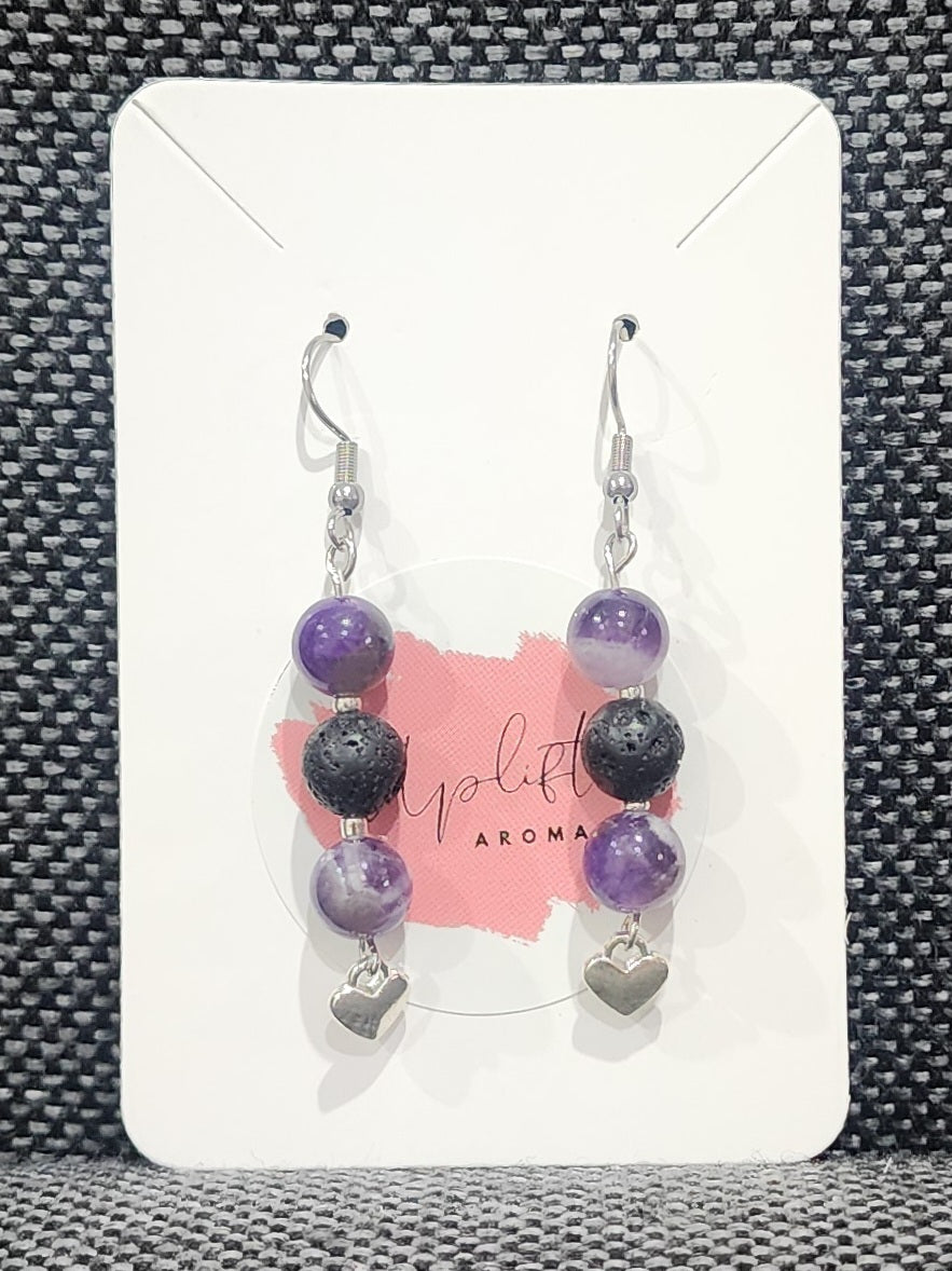 Amethyst Chevron Dangle Earrings with Heart (Silver)
