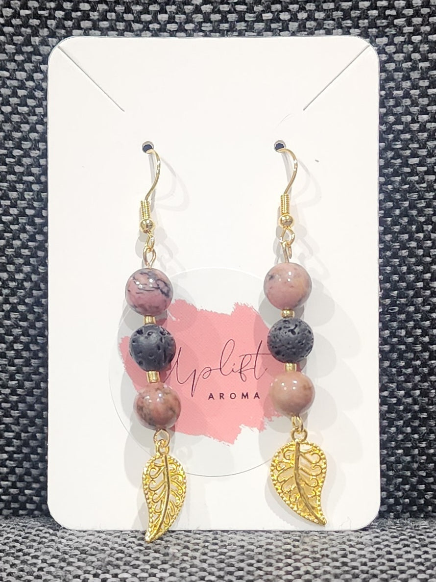 Rhodonite Dangle Earrings with Leaf (Gold)