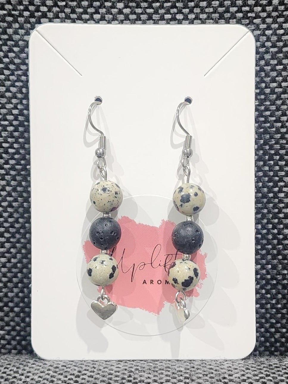 Dalmation Jasper Dangle Earrings with Heart (Silver)