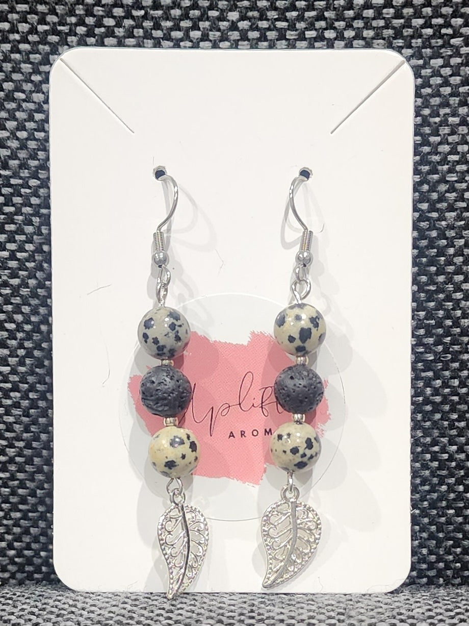 Dalmation Jasper Dangle Earrings with Leaf (Silver)