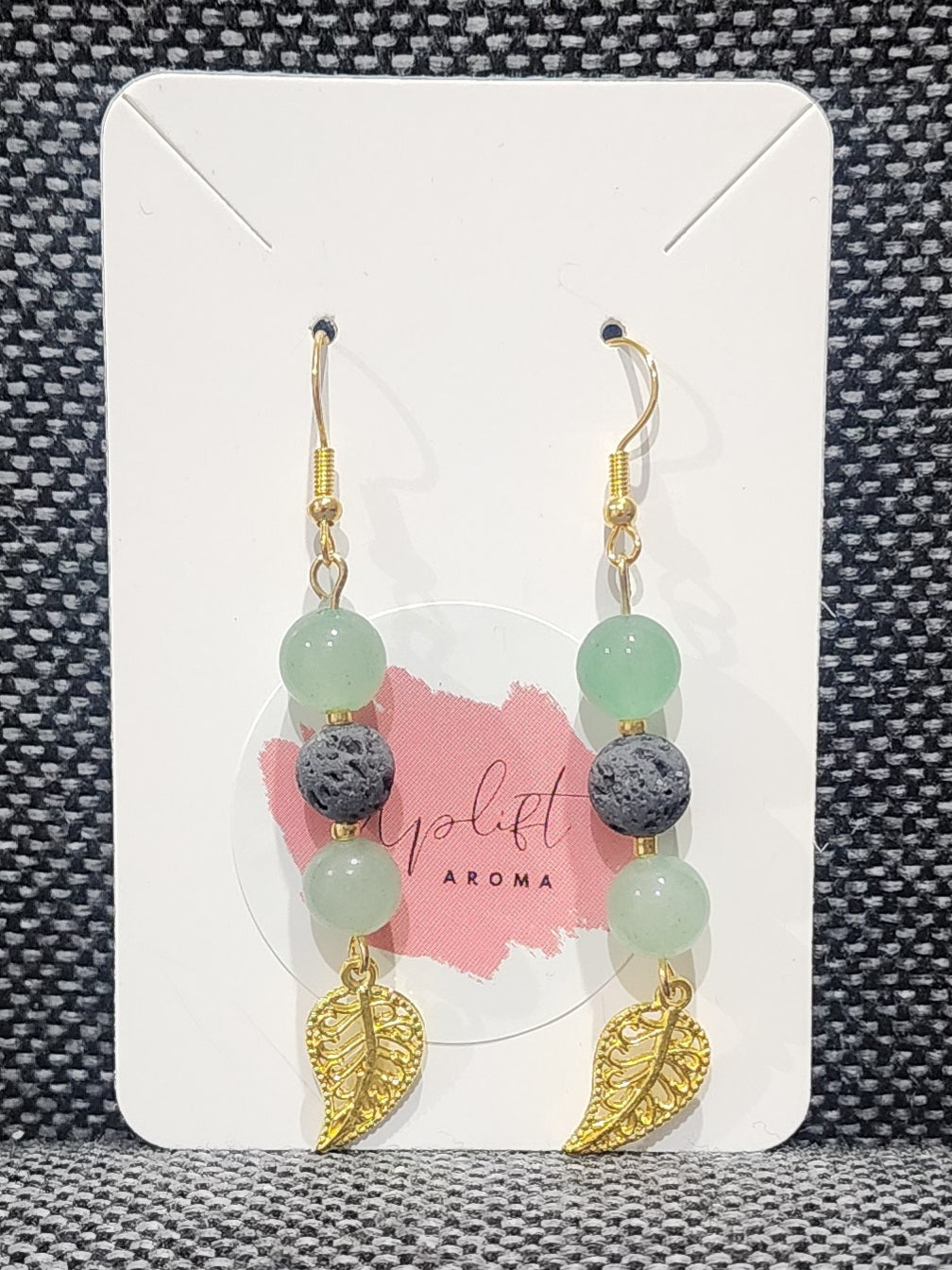 Green Aventurine Dangle Earrings with Leaf (Gold)