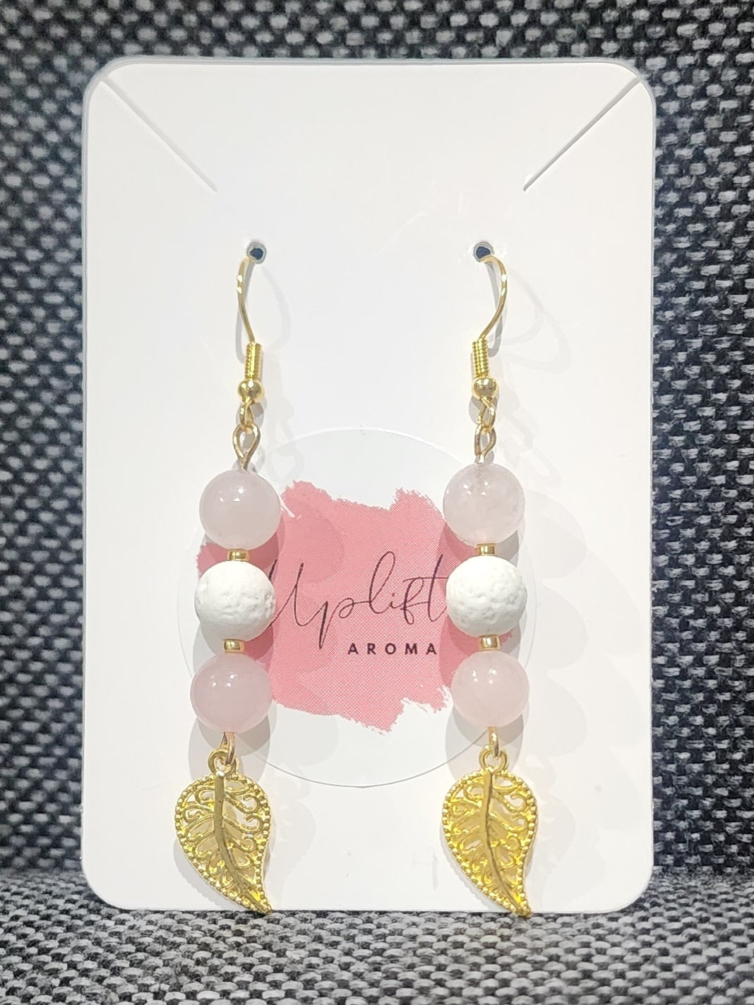 Rose Quartz Dangle Earrings with Leaf (Gold)