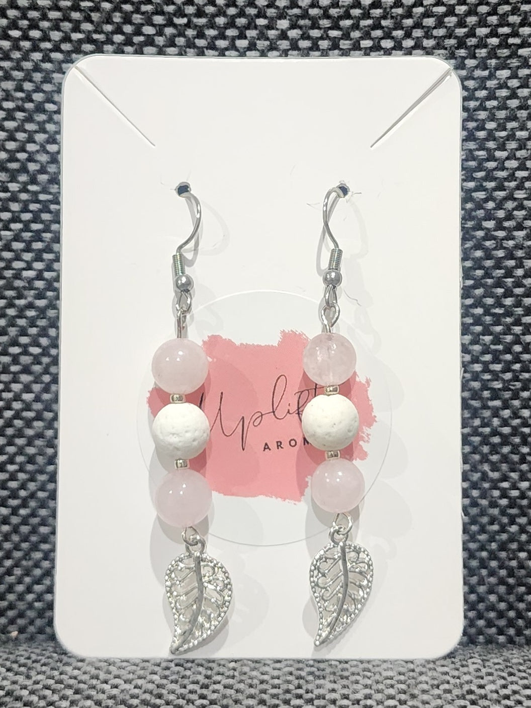 Rose Quartz Dangle Earrings with Leaf (Silver)