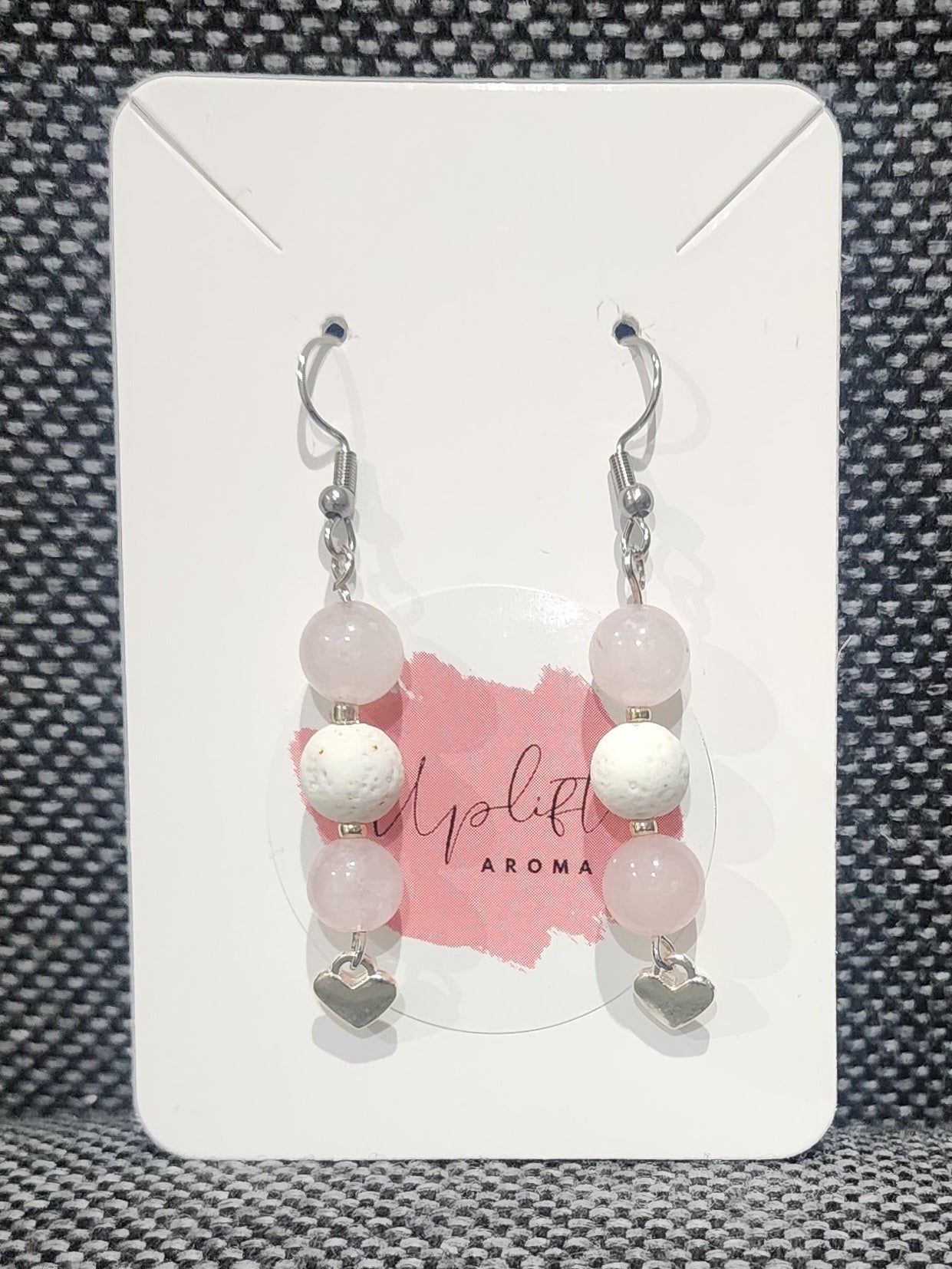 Rose Quartz Dangle Earrings with Heart (Silver)