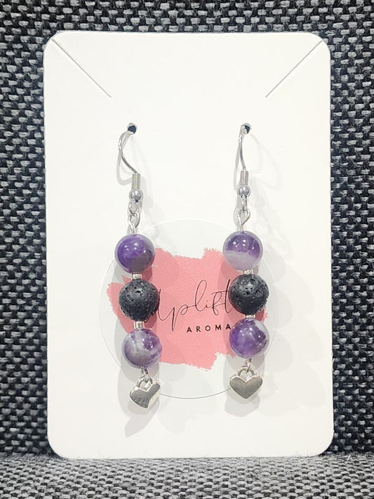 Amethyst Chevron Dangle Earrings with Heart (Silver)