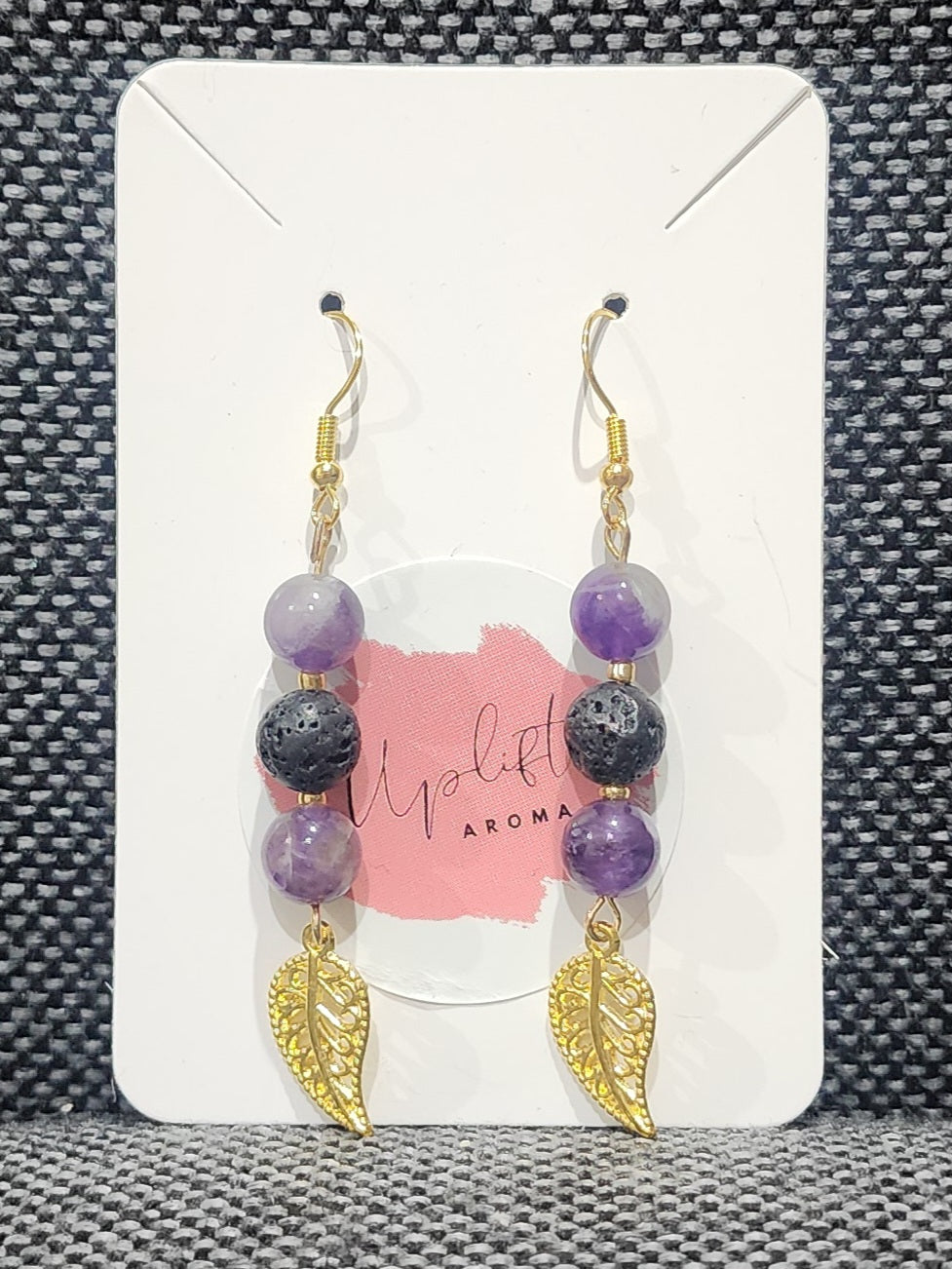 Amethyst Chevron Dangle Earrings with Leaf (Gold)