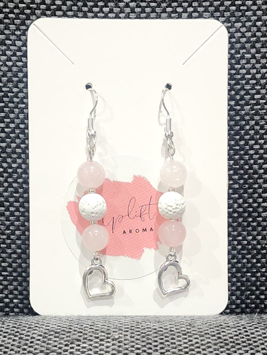 Rose Quartz Dangle Earrings with Heart Outline (Silver)