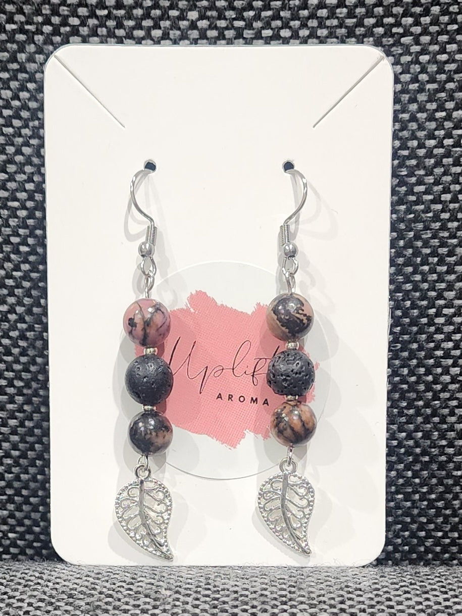 Rhodonite Dangle Earrings with Leaf (Silver)