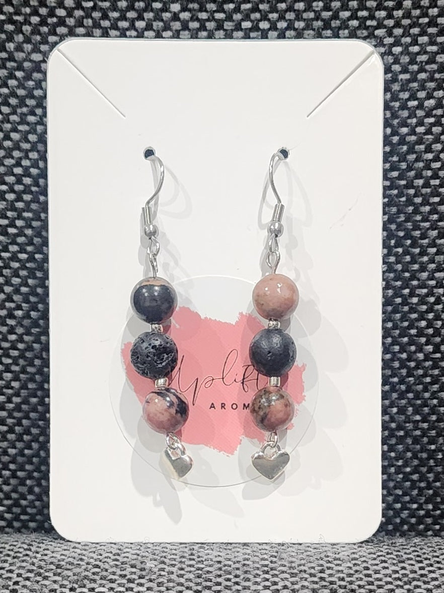 Rhodonite Dangle Earrings with Heart (Silver)