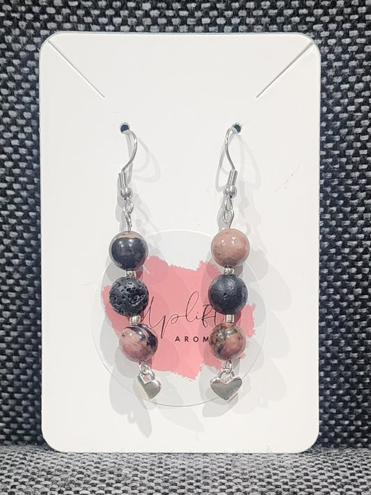 Rhodonite Dangle Earrings with Heart (Silver)