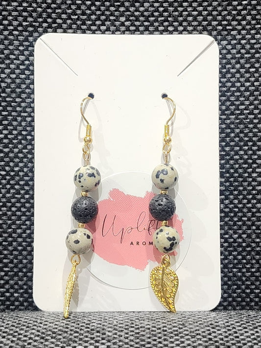 Dalmation Jasper Dangle Earrings with Leaf (Gold)
