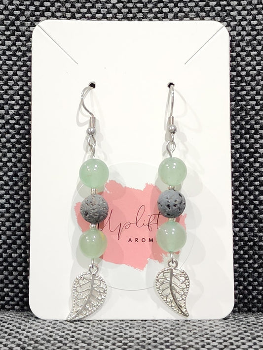 Green Aventurine Dangle Earrings with Leaf (Silver)