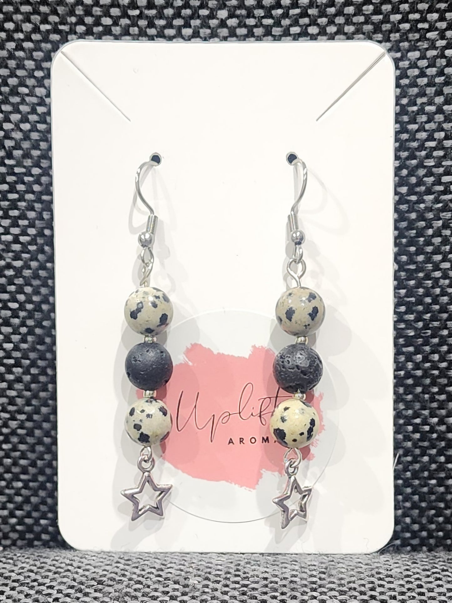 Dalmation Jasper Dangle Earrings with Star (Silver)
